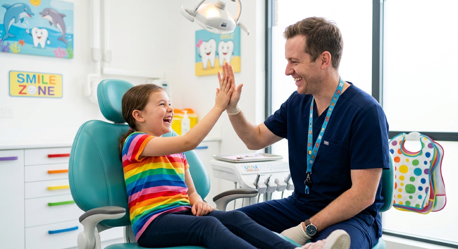 Kind freut sich nach Zahnarztbesuch – High-Five mit dem Zahnarzt